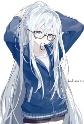  1girl adjusting_hair arms_up bespectacled black-framed_eyewear black_shorts blue_eyes blue_jacket closed_mouth collarbone commentary cowboy_shot dated dot_nose glasses h4nam1 hair_between_eyes hair_tie hair_tie_in_mouth highres jacket long_hair long_sleeves looking_at_viewer mouth_hold partially_unzipped project_sekai semi-rimless_eyewear shirt short_shorts shorts sidelocks simple_background solo teardrop-framed_glasses track_jacket tying_hair under-rim_eyewear untranslatable_commentary very_long_hair white_background white_hair white_shirt yoisaki_kanade 