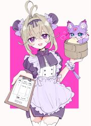  1girl alternate_costume antenna_hair apron black_dress black_ribbon border clipboard commentary_request cowboy_shot double_bun dress frilled_apron frilled_wrist_cuffs frills grey_hair hair_bun hair_intakes hair_ribbon highres holding holding_clipboard light_blush mashu-tan meitantei_precure! moria_luluka open_mouth pink_background precure ribbon short_hair sidelocks simple_background smile solo syrup7979 thigh-highs violet_eyes white_apron white_border white_thighhighs white_wrist_cuffs wrist_cuffs zettai_ryouiki 