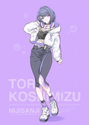  1girl absurdres bandaid bandaid_on_leg black_camisole black_skirt blush camisole character_name commentary_request copyright_name full_body hair_ornament hand_up headphones headphones_around_neck highres hood hooded_jacket jacket koshimizu_toru koshimizu_toru_(1st_costume) looking_at_viewer midriff mole mole_under_eye muto_(n0sug4r) nail_polish nijisanji open_clothes open_jacket purple_background purple_nails purple_socks see-through_clothes shoes short_hair simple_background skirt sneakers socks solo violet_eyes virtual_youtuber white_jacket 