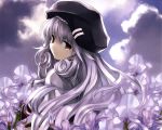  boku_to_kanojo_ni_furuyoru flower flowers grey_hair hat misaki_kurehito red_eyes tears 