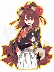  1girl ahoge animal_ears apron breasts brown_hair commentary_request dog dog_ears fate/grand_order fate_(series) floral_print flower grey_kimono hair_flower hair_ornament hair_ribbon highres japanese_clothes kimidorix32 kimono kyokutei_bakin_(fate) long_hair long_sleeves looking_at_viewer medium_breasts multicolored_kimono open_mouth ponytail red_eyes red_kimono red_ribbon ribbon rope smile sousuke_(fate) very_long_hair white_apron 