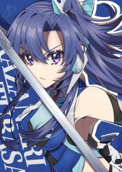  1girl absurdres armpit_crease bare_shoulders blue_background blue_hair character_name commentary_request curtained_hair detached_sleeves english_text floating_hair gloves hair_between_eyes headset high_side_ponytail highres holding holding_sword holding_weapon kazanari_tsubasa kotou192 long_hair looking_at_viewer parted_bangs parted_lips purple_hair senki_zesshou_symphogear side_ponytail simple_background solo sword symphogear_pendant tsurime upper_body v-shaped_eyebrows violet_eyes weapon white_gloves 