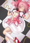  bdsm bondage bubble_skirt chain chained chains checkered checkered_floor choker cuffs empty_eyes gloves gochou_(kedama) highres kaname_madoka lying magical_girl mahou_shoujo_madoka_magica on_back on_floor open_mouth pink_eyes pink_hair puffy_sleeves shoe_ribbon shoes short_twintails twintails white_gloves work_in_progress 
