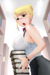  1girl bare_shoulders blonde_hair book bra breast_rest breasts brown_eyes carried_breast_rest glasses large_breasts librarian library lingerie long_hair open_mouth original see-through solo ueyama_michirou underwear watch 