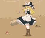  arm_behind_back bamboo_broom blonde_hair boots braid broom character_name earrings hair_flip highres jewelry kirisame_marisa light_smile long_hair looking_at_viewer mitsusaka_mitsumi mushroom no_nose solo standing star touhou wrist_collar wrist_cuffs yellow_eyes 