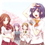  blue_eyes brown_eyes brown_hair camera cherry_blossoms closed_eyes eyes_closed glasses glasses_on_head green_hair inazuma_eleven inazuma_eleven_(series) kino_aki kori_(etinop) kudou_fuyuka long_hair multiple_girls open_mouth otonashi_haruna purple_hair raimon_natsumi scenery school_uniform smile tree 