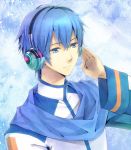  blue_eyes blue_hair hand_on_headphones headphones kaito male sakuyamochi scarf short_hair vocaloid 