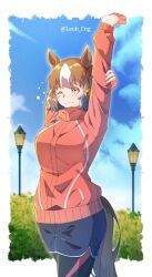  1girl animal_ears arms_under_breasts belno_light_(umamusume) black_leggings blue_shorts blue_sky blush breasts brown_hair closed_mouth ear_ribbon hair_ornament highres horse_ears horse_girl horse_tail jacket lamppost leggings leggings_under_shorts leoh_fng letter_hair_ornament long_sleeves looking_at_viewer medium_breasts multicolored_hair one_eye_closed outdoors pink_jacket short_hair shorts sky stretching tail track_jacket two-tone_hair umamusume umamusume:_cinderella_gray white_hair 
