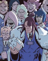  6+girls absurdres amanda_o'neill barbara_parker black_background blonde_hair brown_hair character_request clenched_teeth constanze_amalie_von_braunschbank-albrechtsberger crazy_smile diana_cavendish evil_smile frown group_picture group_profile hair_over_one_eye hanna_england highres holding invincible_(series) kagari_atsuko little_witch_academia looking_at_viewer lotte_jansson luna_nova_school_uniform madabau manlification meme multiple_girls pink_hair profile school_uniform serious sharp_teeth simple_background smile sucy_manbavaran teeth viltrumite_group_shot_(meme) western_comics_(style) 