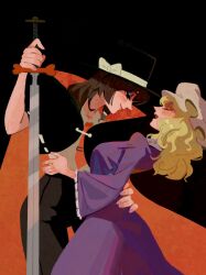  2girls absurdres adapted_costume asymmetrical_sidelocks black_background black_cape black_hat black_pants blonde_hair blush bow brown_eyes brown_hair cape chinese_commentary closed_eyes collared_dress collared_shirt commentary_request cowboy_shot dress eyeshadow grmarsa hand_on_another's_hip hat hat_bow highres holding holding_sword holding_weapon lips long_hair long_sleeves makeup maribel_hearn mob_cap multiple_girls open_mouth pants purple_dress purple_eyeshadow red_cape ribbon-trimmed_cape shirt shirt_tucked_in short_sleeves sidelocks smile sword tie_clip touhou two-sided_cape two-sided_fabric usami_renko weapon white_bow white_hat white_shirt yuri 