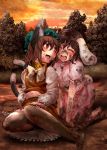  animal_ears barefoot black_legwear black_pantyhose blush brown_hair bunny_ears bunny_tail cat_ears cat_tail chen closed_eyes dirty dirty_feet feet friends hat inaba_tewi mud multiple_girls multiple_tails open_mouth pantyhose red_eyes short_hair sitting smile tail touhou tree yana_(nekoarashi) 