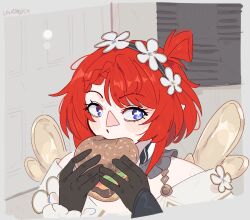  1girl bare_shoulders black_gloves black_hairband blue_eyes bright_pupils burger commentary eating english_commentary food gloves hairband holding holding_burger holding_food honkai:_star_rail honkai_(series) jerma985_eating_a_whopper_(meme) looking_at_viewer meme parody red_hair short_hair solo tribbie_(honkai:_star_rail) unfamousradish white_pupils 