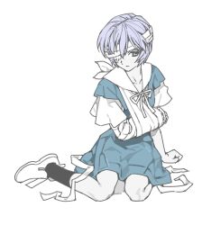  1girl arm_cast arm_sling ayanami_rei bandages black_socks blue_hair blue_skirt cast closed_mouth denovo320 eyepatch full_body grey_eyes highres medical_eyepatch neon_genesis_evangelion one_eye_covered shirt shoes short_hair short_sleeves sideways_glance simple_background sitting skirt socks solo suspender_skirt suspenders white_background white_shirt white_shoes 