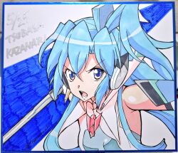  1girl armpit_crease blue_border blue_hair blunt_bangs bob_cut border character_name commentary_request curtained_hair dated double-parted_bangs english_text floating_hair hair_between_eyes headset high_side_ponytail holding holding_sword holding_weapon kazanari_tsubasa long_hair looking_at_viewer open_mouth photoshop_(medium) senki_zesshou_symphogear side_ponytail simple_background solo sword symphogear_pendant tomosoraaki traditional_media tsurime twitter_username two-tone_background upper_body v-shaped_eyebrows violet_eyes weapon white_background 