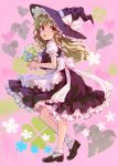  ama-tou blonde_hair bobby_socks bouquet braid clover flower four-leaf_clover hat heart highres kirisame_marisa loafers long_hair looking_back red_eyes shoes socks solo standing touhou witch witch_hat yellow_eyes 