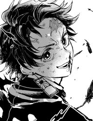  1boy blood bright_pupils close-up commentary demon_slayer_uniform earrings feathers greyscale hanafuda_earrings highres japanese_clothes jewelry kamado_tanjirou kimetsu_no_yaiba looking_at_viewer male_focus monochrome nakogara_kmt nosebleed open_mouth scar scar_on_face short_hair simple_background solo sweat teeth turning_head v-shaped_eyebrows veiny_face white_background 