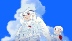  2girls angel_wings artist_name beret bird blue_sky bow bowtie bulletproof_vest closed_mouth clouds cloudy_sky commentary english_commentary gun hat highres holding holding_gun holding_weapon kanna_(love-bullet) koharu_(love-bullet) light_smile load_bearing_vest long_sleeves looking_at_viewer love-bullet multicolored_hair multiple_girls outdoors red_bow red_bowtie red_eyes red_hair senouzzz sky streaked_hair upper_body weapon white_hair wings 
