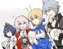  ! 1boy 3girls ahoge armor artoria_pendragon_(fate) black_hair blonde_hair blue_dress blue_eyes bubble_tea commentary_request dress drinking_straw eating emotionless_sex fate/stay_night fate_(series) fingerless_gloves food gloves green_eyes grey_hair honkai:_star_rail honkai_(series) march_7th_(honkai:_star_rail) march_7th_(hunt)_(honkai:_star_rail) multiple_girls orange_eyes pauldrons phainon_(honkai:_star_rail) pink_eyes pink_hair red_nails saber_(fate) saber_(honkai:_star_rail)_(fate) sekken88 shoulder_armor single_pauldron sparkling_eyes steamed_bun weapon_connection yunli_(honkai:_star_rail) 