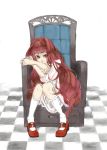  character_request checkered checkered_floor copyright_request dress highres kneehighs lips long_hair mary_janes miika red_eyes red_hair redhead shoes sitting smile solo very_long_hair 