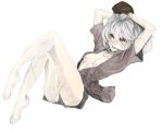  arms_behind_head breasts character_request crossed_legs crossed_legs_(lying) floral_print grey_hair kijima_nikki legs_crossed lying miika open_clothes open_jacket pale_skin red_eyes scar simple_background sitting smile solo stitches thighs tsuki_(kijima_nikki) white_hair 