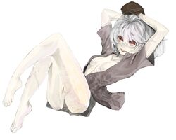  arms_behind_head breasts character_request crossed_legs crossed_legs_(lying) floral_print grey_hair kijima_nikki legs_crossed lying miika open_clothes open_jacket pale_skin red_eyes scar simple_background sitting smile solo stitches thighs tsuki_(kijima_nikki) white_hair 