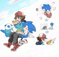  8hazukane baseball_cap blue_jacket blush brown_eyes brown_hair crossover food green_eyes hat highres hilbert_(pokemon) holding holding_food hot_dog jacket multiple_boys open_mouth oshawott poke_ball poke_ball_(basic) poke_ball_print pokemon pokemon_black_and_white red_shoes shoes sneakers sonic_(series) sonic_the_hedgehog teeth 