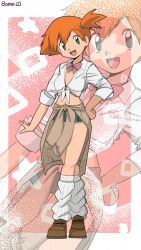  1girl bambi2000line bow brown_shoes clothes_around_waist full_body highres leg_warmers microskirt misty_(pokemon) navel open_mouth orange_hair pokemon shirt shoes short_hair side_ponytail skirt smile solo sweater sweater_around_waist tied_shirt 