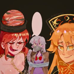  bare_shoulders blank_speech_bubble blonde_hair bow bowtie chain chinese_clothes chinese_commentary choker commentary_request crescent dalachi_(headdress) double-parted_bangs dress gag gagged gold_chain grmarsa hecatia_lapislazuli highres improvised_gag jacket junko_(touhou) kishin_sagume licking_lips long_hair looking_at_viewer medium_hair pointy_ears purple_dress red_bow red_bowtie red_eyes red_hair shirt signature single_wing smile speech_bubble t-shirt tape tape_gag tongue tongue_out touhou twitter_username upper_body violet_eyes white_hair wings yellow_eyes 
