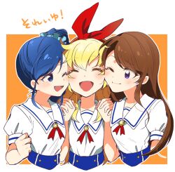  3girls :d ^_^ aikatsu! aikatsu!_(series) blonde_hair blue_eyes brown_hair cheek-to-cheek closed_eyes commentary_request girl_sandwich hand_up hands_up heads_together holding_hands hoshimiya_ichigo interlocked_fingers kiriya_aoi kumo_suzume long_hair looking_at_another multiple_girls neck_ribbon one_eye_closed open_mouth red_ribbon ribbon sailor_collar sandwiched school_uniform shibuki_ran shirt short_sleeves smile soleil_(aikatsu!) starlight_academy_school_uniform summer_uniform translation_request upper_body violet_eyes white_shirt 