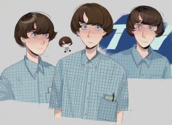  1boy adam_lanza aged_down animification arms_at_sides blue_eyes blue_shirt blush brown_hair buttons character_doll closed_mouth collared_shirt cropped_shoulders cropped_torso doll empty_eyes expressionless flipped_sidelocks from_side frown goodfolk2 grey_background hair_behind_ear hair_between_eyes halftone halftone_background highres looking_ahead looking_at_viewer looking_to_the_side lower_eyelashes_only male_focus multiple_views nose_blush object_in_pocket pen_in_pocket photo-referenced plaid_clothes plaid_shirt pocket real_life shirt short_hair simple_background smile straight-on third-party_edit true_crime 