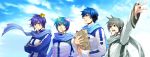  4boys blue_eyes blue_hair crown green_hair headphones kaito male multiple_persona nigaito open_mouth outstretched_arm scarf sky smile vocaloid 