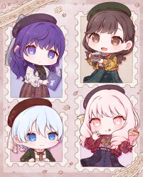 1other 25-ji_nightcord_de._(project_sekai) 3girls :d :q akiyama_mizuki alternate_hair_length_(shorter) asahina_mafuyu beret blue_eyes blue_hair blush brown_hair brown_hat brown_sweater cardigan chibi chibi_only closed_mouth colorful_festival_(project_sekai) commentary_request crepe dot_nose food green_cardigan green_hat hair_between_eyes hat highres holding holding_food long_hair long_sleeves minna_de_enjoy!_spojoy_park_(project_sekai) multiple_girls neck_ribbon official_alternate_hairstyle open_cardigan open_clothes open_mouth oyasumirakko pink_eyes pink_hair plaid_clothes plaid_skirt project_sekai purple_background purple_hair purple_skirt red_cardigan red_ribbon relax_teatime_(project_sekai) ribbon shinonome_ena shirt short_hair skirt smile sweater tongue tongue_out white_shirt yoisaki_kanade 