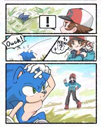  2boys baseball_cap blue_jacket brown_eyes brown_hair crossover gloves green_eyes grey_pants hat hilbert_(pokemon) holding holding_poke_ball jacket long_sleeves multiple_boys pants poke_ball poke_ball_(basic) poke_ball_print pokemon pokemon_black_and_white red_shoes shoes sonic_(series) sonic_the_hedgehog white_gloves 
