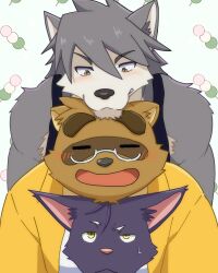  4boys absurdres animal_ears biceps black_tank_top blush brown_fur cat_boy cat_ears closed_eyes closed_mouth commentary_request dango dog_boy dog_ears food furry furry_male grey_fur highres kounosuke_kuri kouya_aotsuki looking_at_another looking_down looking_up male_focus morenatsu multiple_boys muscular muscular_male purple_fur raccoon_boy raccoon_ears raised_eyebrow sanshoku_dango shin_kuroi shirt smile sweatdrop tank_top voitman2024 wagashi white_shirt yellow_shirt 