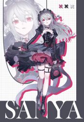  1girl absurdres alternate_costume aro_16666 bag bell_sleeves black_boots black_dress black_hairband boots character_name detached_sleeves dress full_body grey_hair hairband handbag high-low_dress highres juliet_sleeves long_hair long_sleeves nijisanji pale_skin platform_boots puffy_sleeves red_eyes sanya_(nijisanji) solo thigh_strap virtual_youtuber zoom_layer 