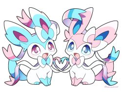  alternate_color blue_eyes blush commentary hamidashicat looking_at_viewer no_humans open_mouth pink_eyes pokemon pokemon_(creature) pokemon_focus shiny_and_normal shiny_pokemon simple_background sitting smile sylveon twitter_username untranslatable_commentary white_background 