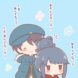  2girls black_jacket blue_background blue_hair blue_hat blue_jacket blush chibi commentary_request down_jacket dress flat_cap hair_bun hat hood hood_down hooded_jacket hoodie jacket jitome kirara_fantasia mitarashi_neko multiple_girls notice_lines outline polka_dot polka_dot_background red_hoodie saitou_ena shima_rin translation_request violet_eyes white_dress white_outline yurucamp 