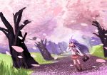  azuse_neko bag blue_hair cherry_blossoms green_eyes izumi_konata long_hair lucky_star path petals scenery school_bag school_uniform serafuku solo tree wind windy 