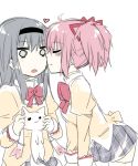  akemi_homura black_hair blush bow cheek_kiss closed_eyes eyes_closed hairband heart kaname_madoka kiss kyubey kyuubee long_hair long_sleeves mahou_shoujo_madoka_magica miz_01 mizuki_(koko_lost) multiple_girls open_mouth profile rough school_uniform short_twintails skirt twintails yuri 