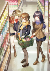  3girls absurdres bag basket black_bag black_hair black_jacket black_pants black_shoes black_skirt black_socks brown_cardigan brown_eyes brown_hair brown_jacket brown_shoes buttons cardigan commentary_request double-breasted fuli_(narumiyafuri) full_body green_eyes grey_sweater_vest hair_ornament hairclip highres holding holding_bag holding_basket indoors jacket loafers long_hair long_sleeves multiple_girls open_mouth original pants parallel_hairclips pleated_skirt pointing ponytail purple_scarf red_eyes red_scarf scarf school_bag school_uniform shelf shoes shopping shopping_basket skirt socks supermarket sweater_vest tile_floor tiles tongue tongue_out twintails 