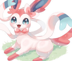  :3 :d blue_eyes commentary_request full_body grass highres iwasi_29 no_humans open_mouth pokemon pokemon_(creature) pokemon_focus simple_background smile solo sylveon twitter_username white_background 