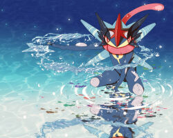  ash-greninja bright_pupils commentary greninja highres mygiorni pokemon pokemon_(creature) pokemon_focus red_eyes reflection ripples solo squatting tongue tongue_out water water_drop white_pupils 