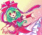  arm_ribbon bad_id blush bow chirosuke dress frills front_ponytail green_eyes green_hair hair_bow hair_ornament hair_ribbon highres kagiyama_hina long_hair open_mouth orange_eyes outstretched_arms outstretched_hand ribbon smile solo spread_arms touhou 