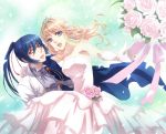  1girl bare_shoulders blonde_hair blue_eyes blue_hair bouquet brown_eyes carrying couple dress elbow_gloves flower gloves kunimoto_ori macross macross_frontier princess_carry rose saotome_alto sheryl_nome strapless strapless_dress wedding_dress white_rose 