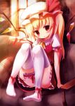  :o blonde_hair blush flandre_scarlet garter garters hat leg_garter red_eyes ribbon short_hair side_ponytail sitting skirt solo tahal taharu_kousuke the_embodiment_of_scarlet_devil thigh-highs thighhighs touhou white_legwear white_thighhighs wings 