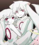  :3 dual_persona genderswap hachiko_(pixiv988361) kyubey kyuubee long_hair looking_back mahou_shoujo_madoka_magica personification pink_eyes red_eyes selfcest tail twintails white_hair 