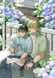  2boys belt black_hair blue_eyes blush bracelet brick_wall brown_hair calico_(pattern) calico_cat chounke collared_shirt couple flower free! green_eyes highres holding holding_phone hydrangea jewelry looking_at_another male_focus multiple_boys nanase_haruka_(free!) open_clothes open_shirt pants petting phone shirt sitting tachibana_makoto watch watch 