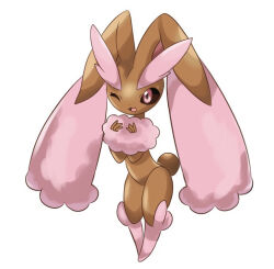  1girl a_(pixiv_72325308) black_sclera colored_sclera commentary_request crescent_moon full_body furry furry_female holding looking_at_viewer lopunny moon one_eye_closed open_mouth pink_eyes pokemon pokemon_(creature) pokemon_focus simple_background smile solo white_background 