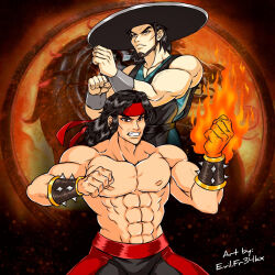 2024 2boys abs badass black_hair deviantart evilfreakazoidart fire hat kung_lao liu_kang male male_focus mortal_kombat mortal_kombat_9 red_bandana shaolin_monk shirtless wristband wristbands