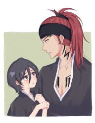  1boy 1girl abarai_renji absurdres arm_hug black_hair black_headband black_kimono bleach blush chest_tattoo commentary_request couple cropped_torso double-parted_bangs eye_contact eyelashes forehead_tattoo from_side green_background hair_between_eyes headband height_difference hetero high_ponytail highres japanese_clothes kimono kuchiki_rukia long_hair looking_at_another looking_down looking_up neck_tattoo open_mouth parted_lips ponytail profile raised_eyebrows red_hair rinner373 short_hair simple_background tattoo tsurime twitter_username two-tone_background upper_body upturned_eyes violet_eyes white_background 